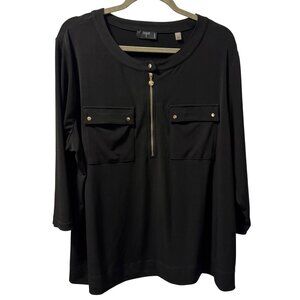 Tahari Woman Black 3/4 Sleeve Zip Front Top  Sz 2X blouse